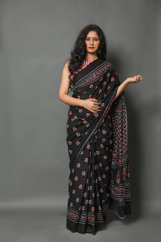 Printed Pure Cotton Mulmul Saree With Blouse