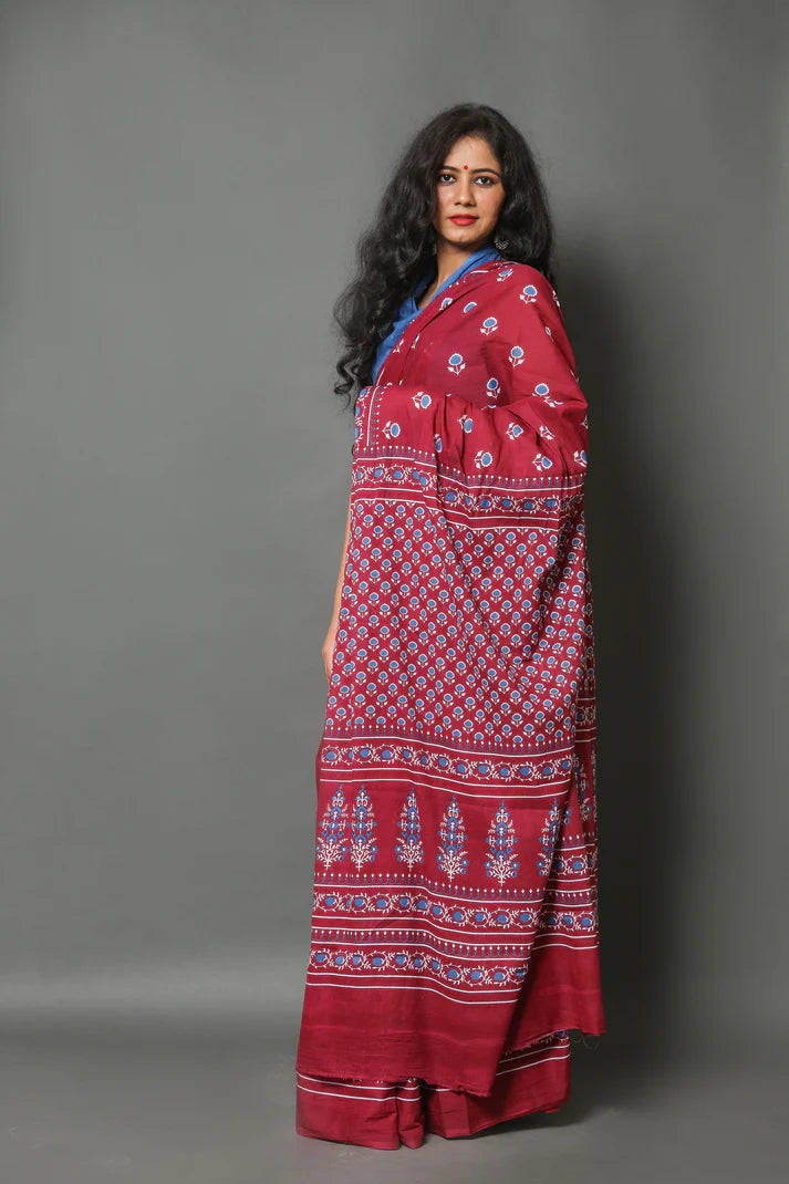 Printed Pure Cotton Mulmul Saree With Blouse