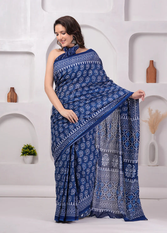 Printed Pure Cotton Mulmul Saree With Blouse