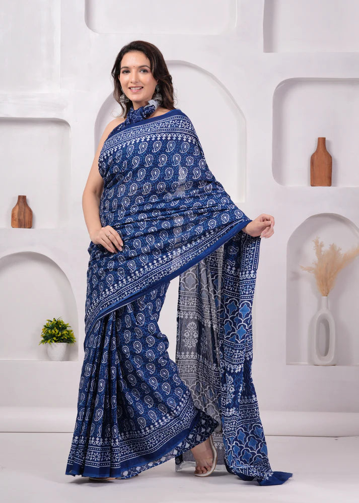 Printed Pure Cotton Mulmul Saree With Blouse