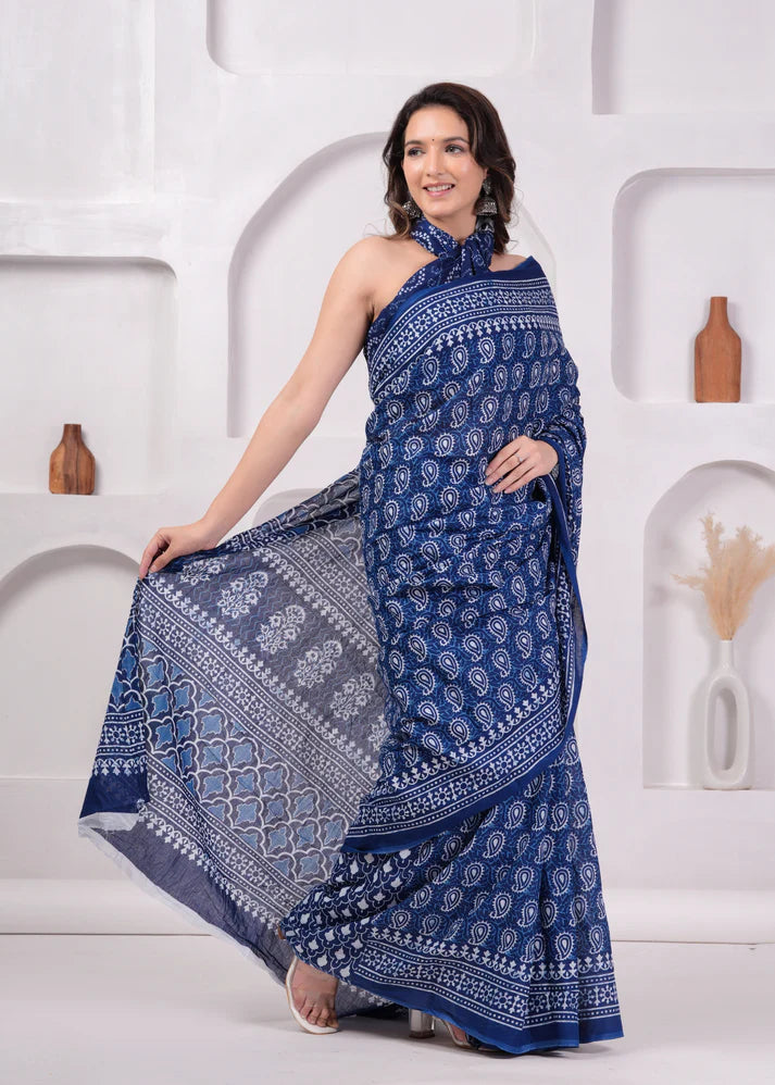 Printed Pure Cotton Mulmul Saree With Blouse