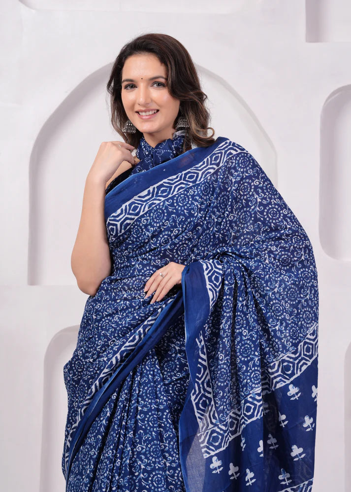 Printed Pure Cotton Mulmul Saree With Blouse