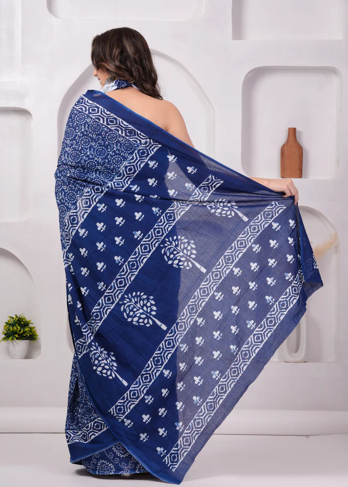 Printed Pure Cotton Mulmul Saree With Blouse