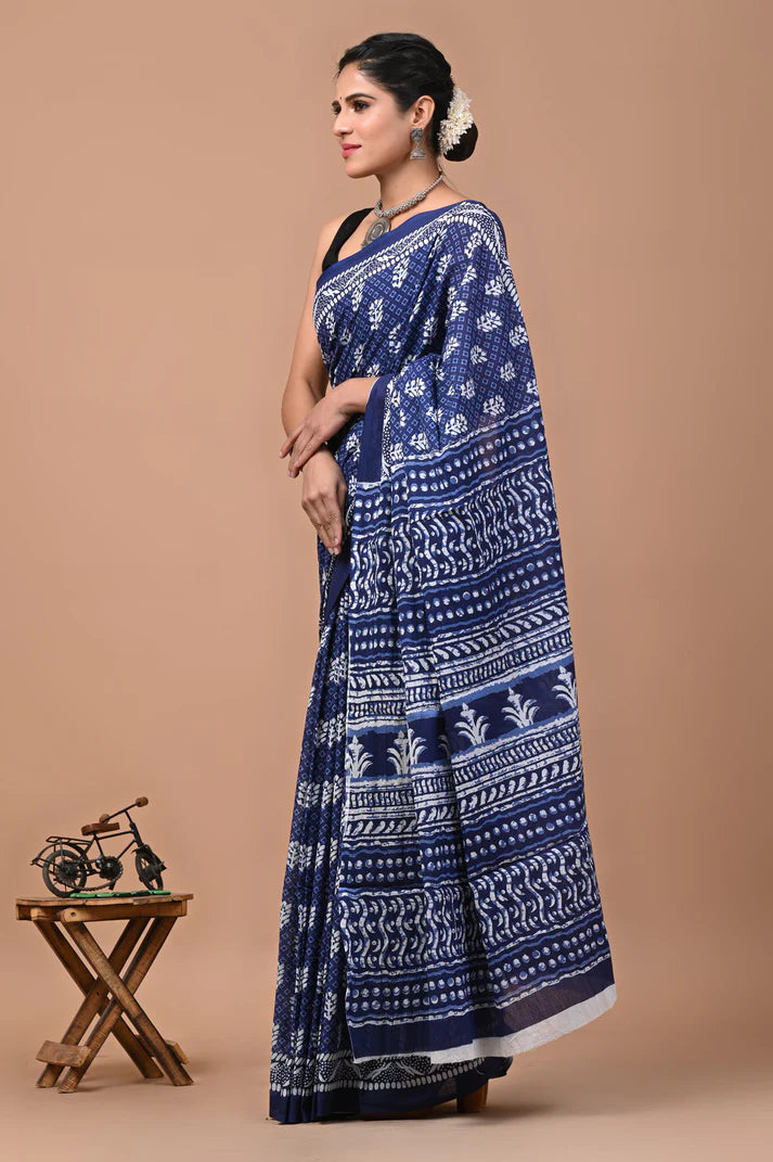 Printed Pure Cotton Mulmul Saree With Blouse