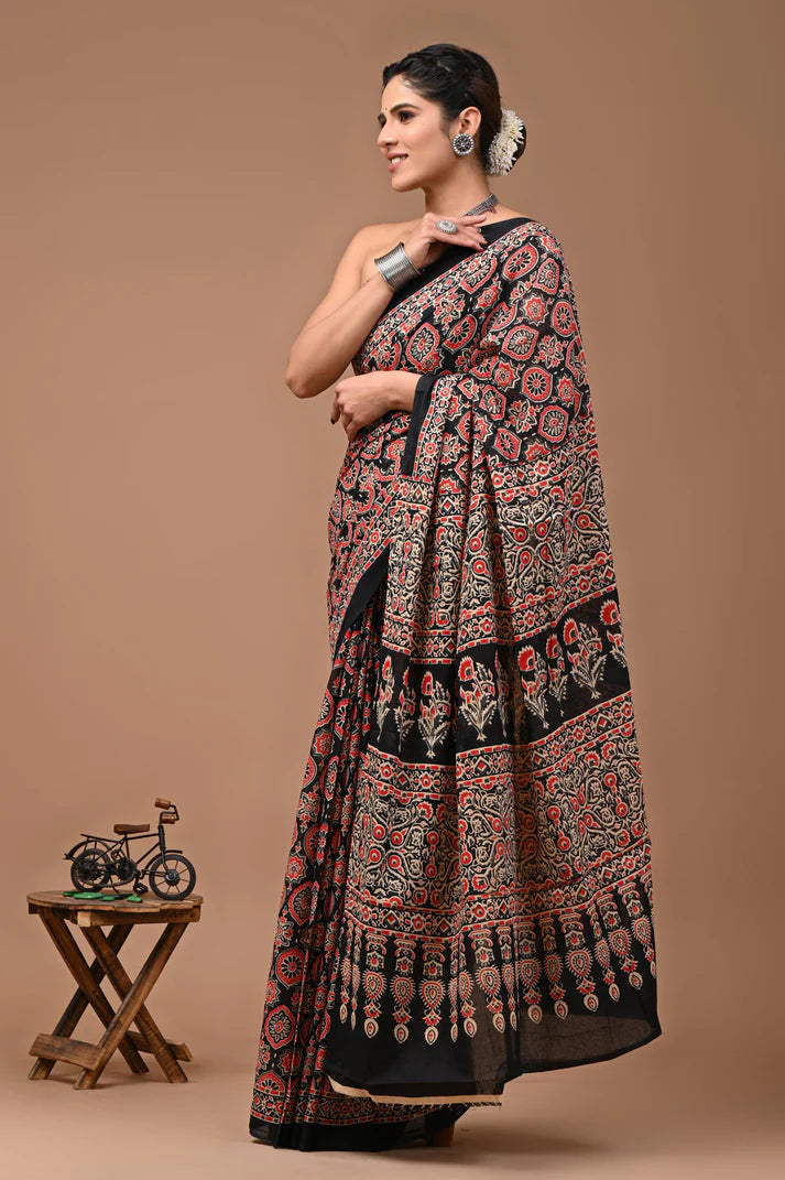 Printed Pure Cotton Mulmul Saree With Blouse