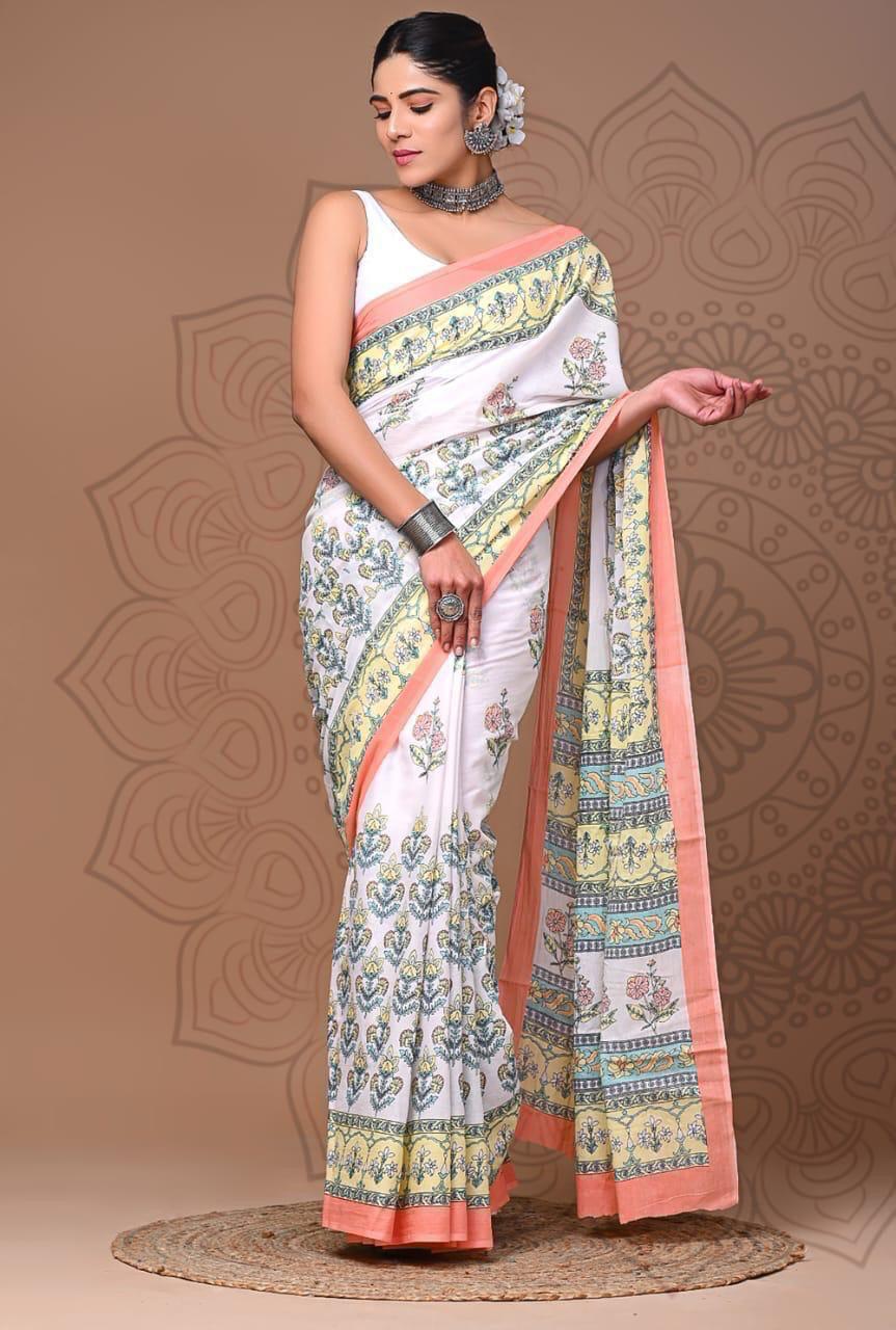 Printed Pure Cotton Mulmul Saree With Blouse