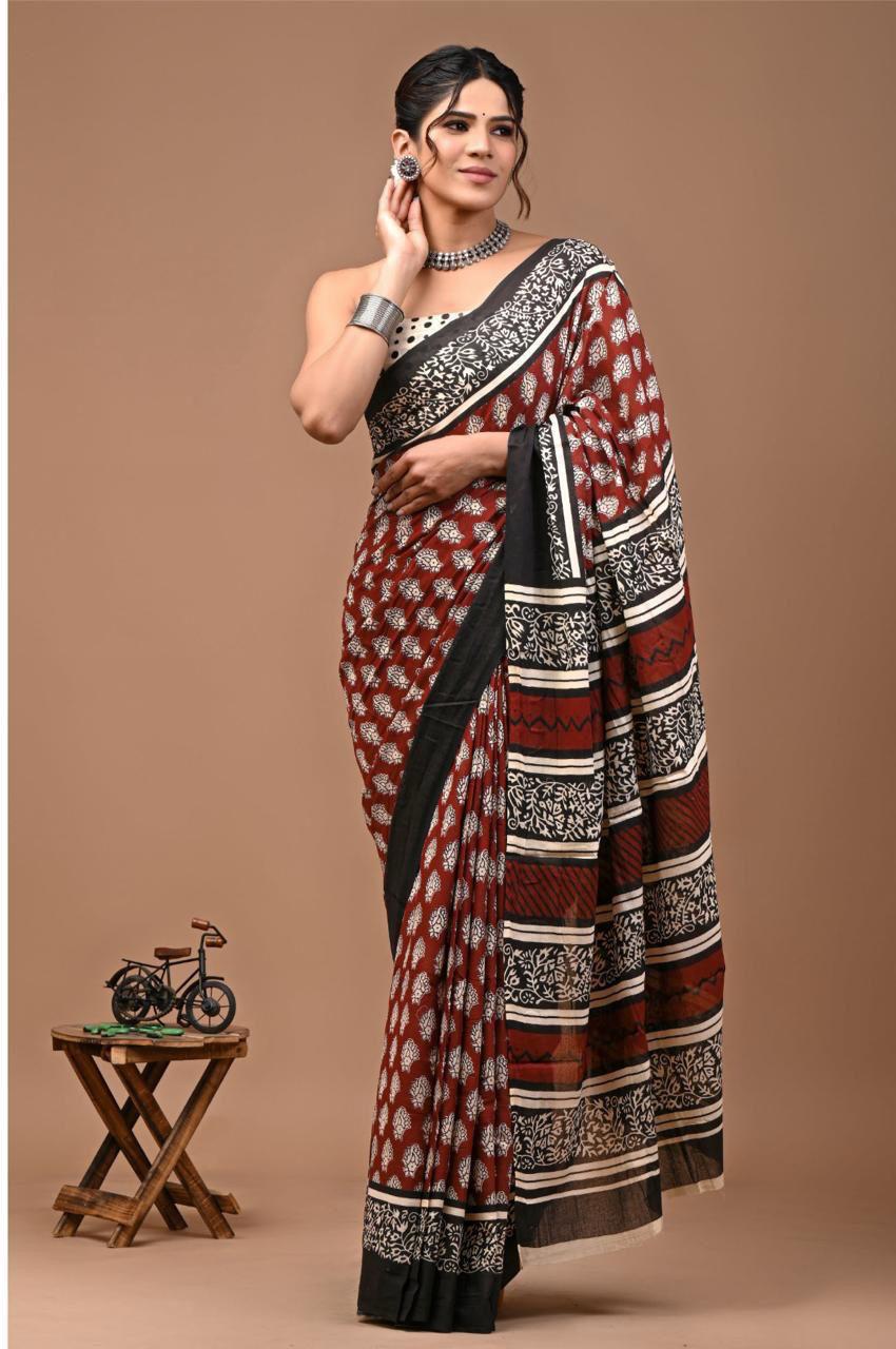 Printed Pure Cotton Mulmul Saree With Blouse