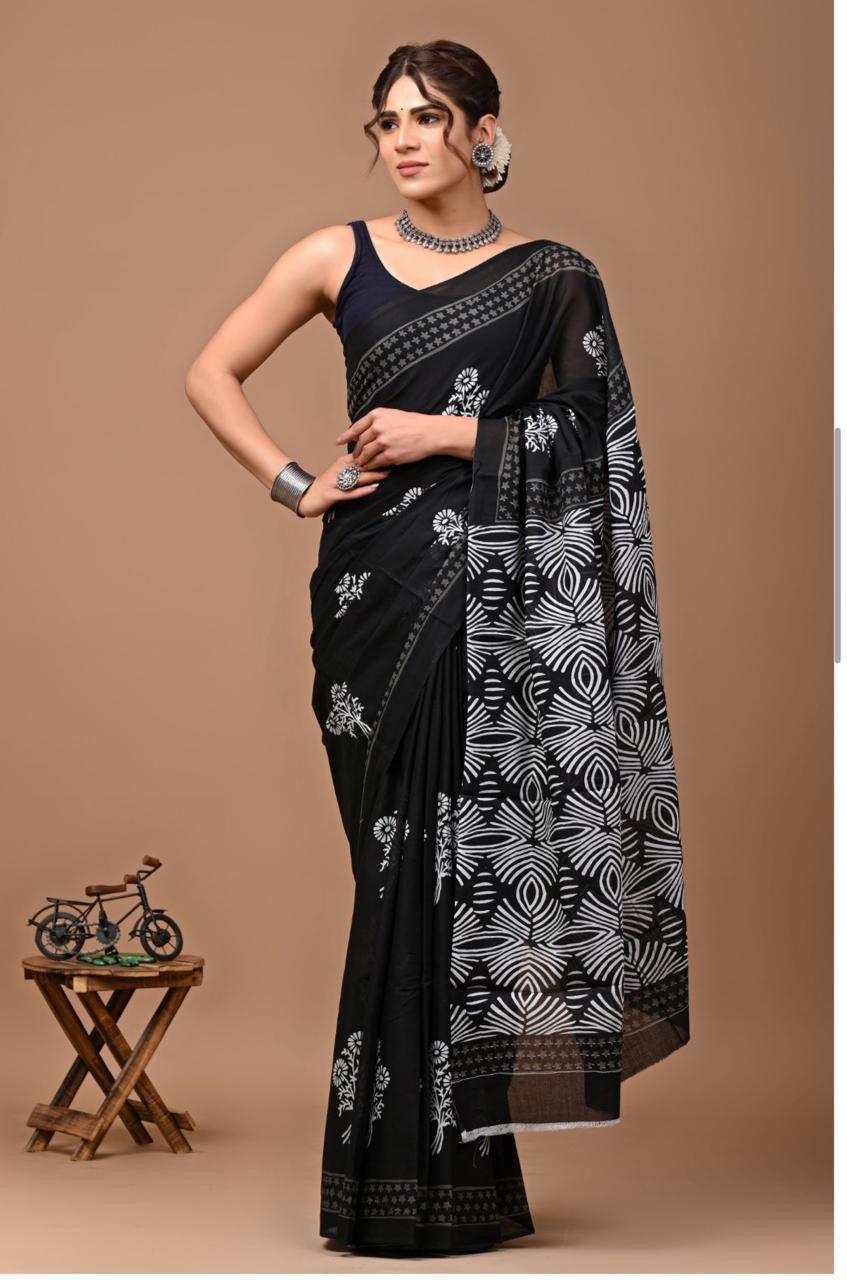 Printed Pure Cotton Mulmul Saree With Blouse