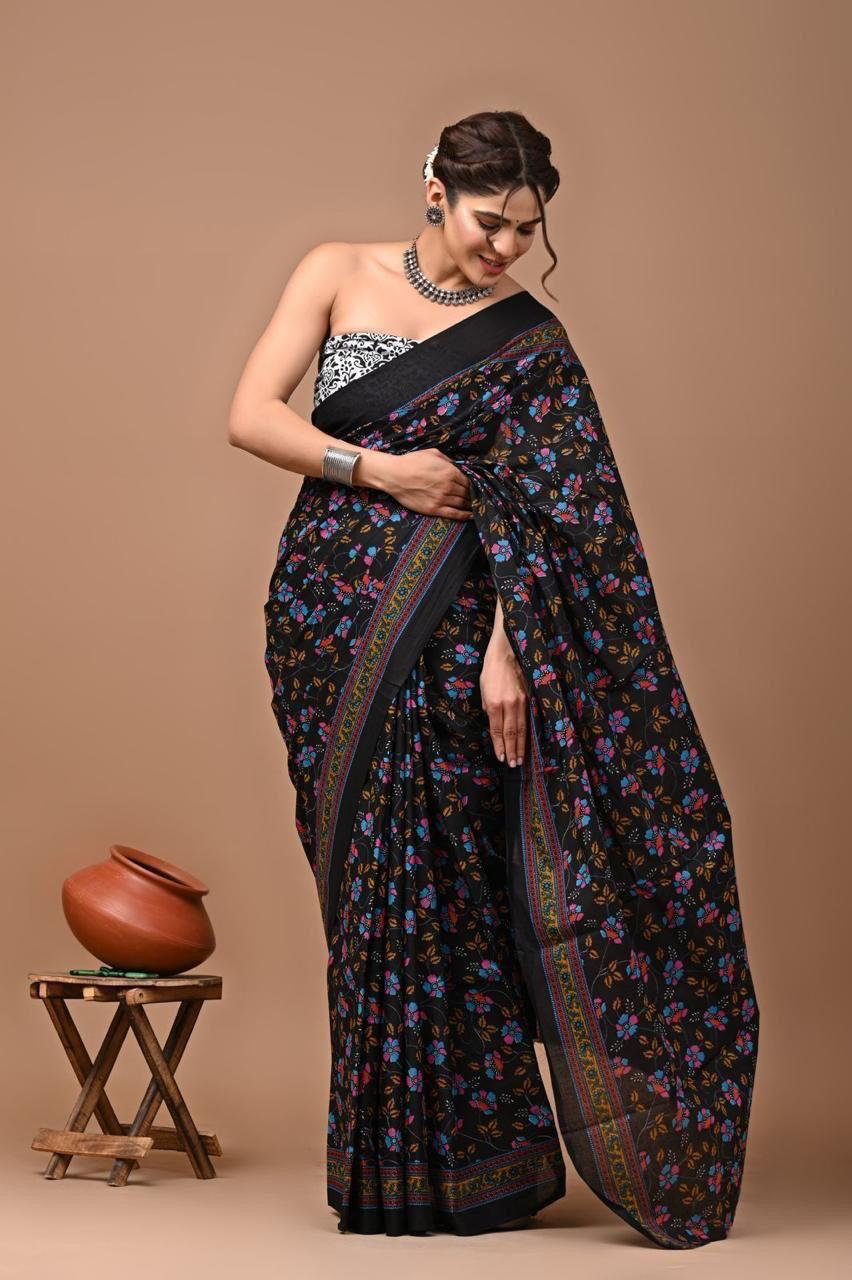 Printed Pure Cotton Mulmul Saree With Blouse