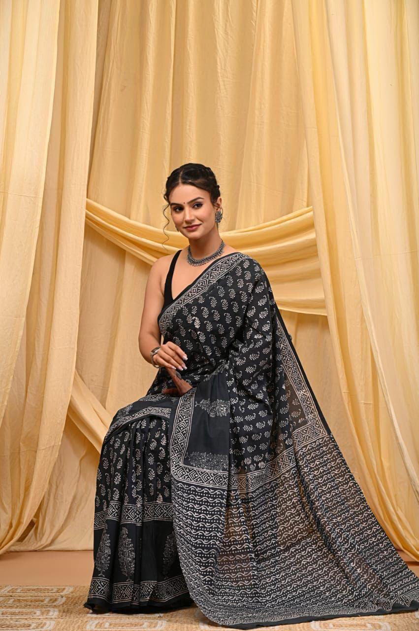 Printed Pure Cotton Mulmul Saree With Blouse