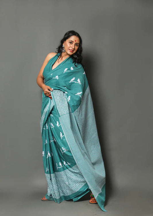 Printed Pure Cotton Mulmul Saree With Blouse