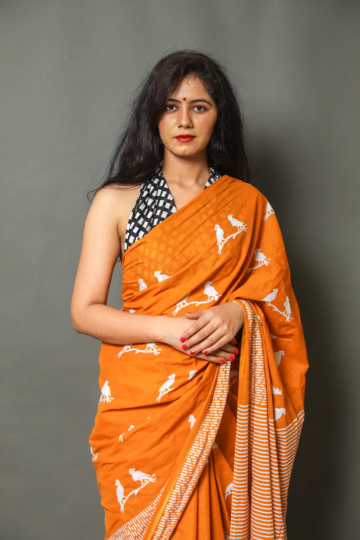 Printed Pure Cotton Mulmul Saree With Blouse