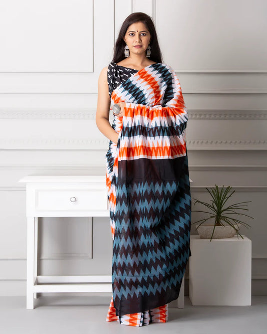 Printed Pure Cotton Mulmul Saree With Blouse