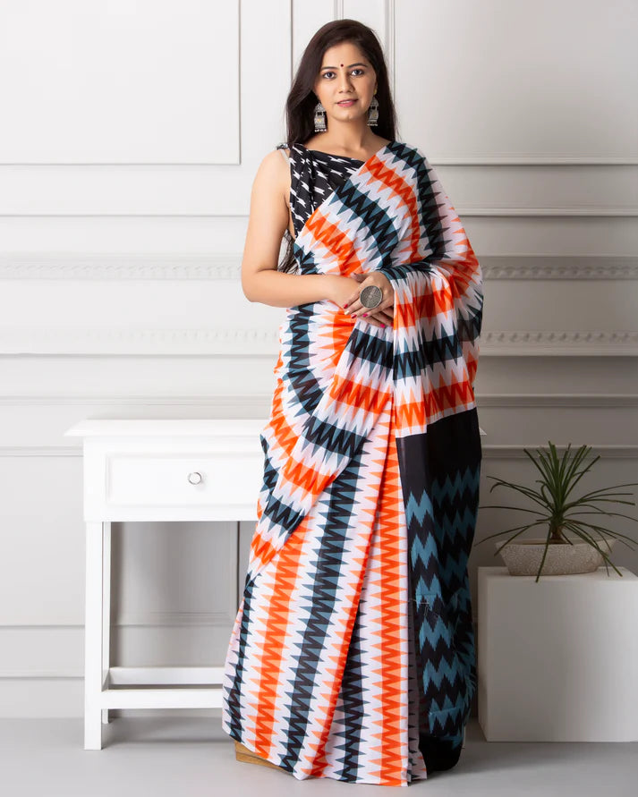 Printed Pure Cotton Mulmul Saree With Blouse