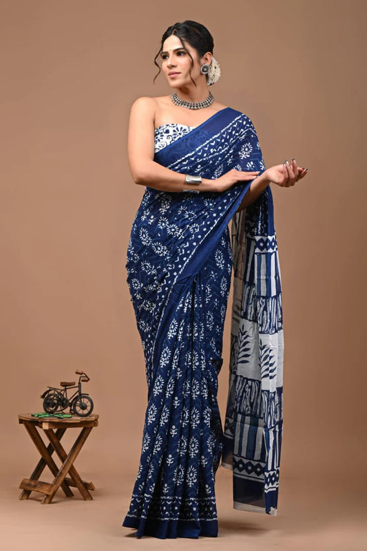 Printed Pure Cotton Mulmul Saree With Blouse