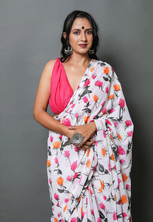 Printed Pure Cotton Mulmul Saree With Blouse