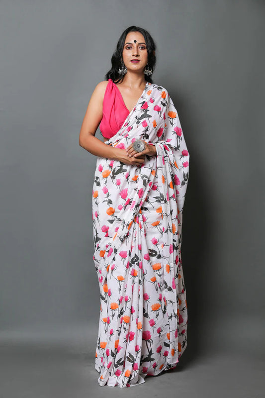 Printed Pure Cotton Mulmul Saree With Blouse