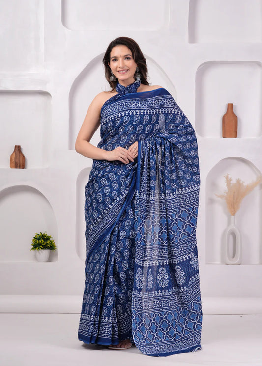 Printed Pure Cotton Mulmul Saree With Blouse
