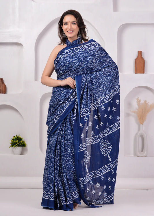 Printed Pure Cotton Mulmul Saree With Blouse