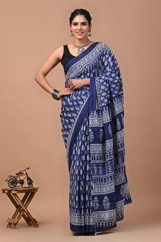 Printed Pure Cotton Mulmul Saree With Blouse