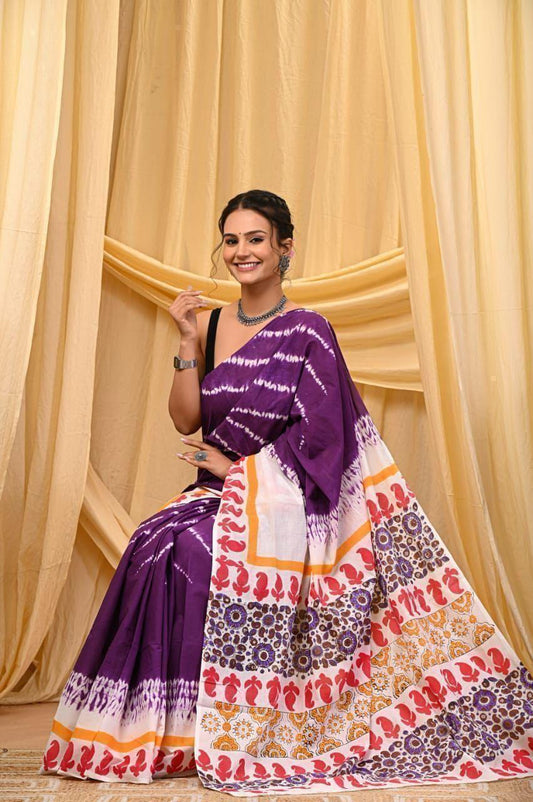 Printed Pure Cotton Mulmul Saree With Blouse