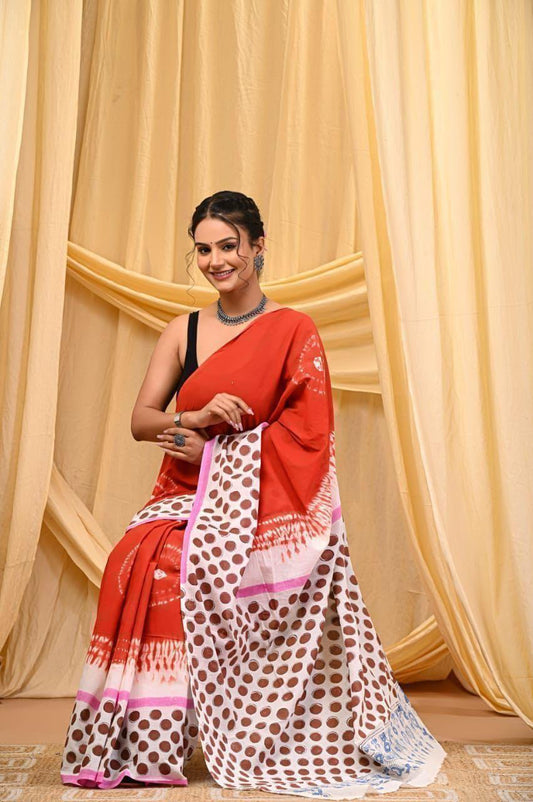 Printed Pure Cotton Mulmul Saree With Blouse