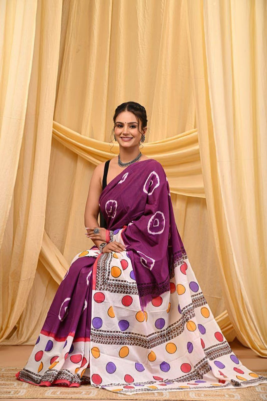 Printed Pure Cotton Mulmul Saree With Blouse