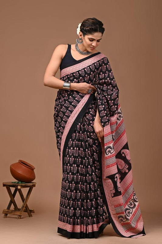 Printed Pure Cotton Mulmul Saree With Blouse