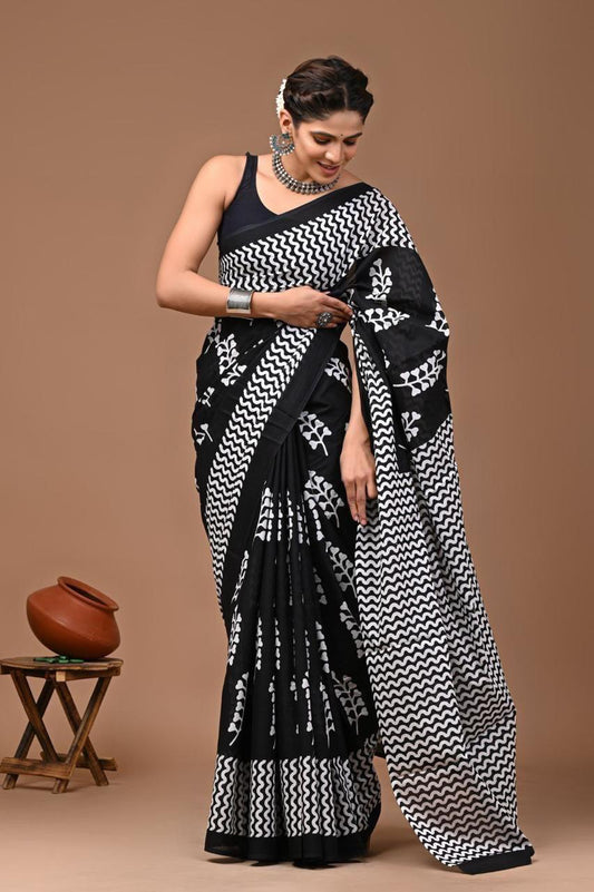 Printed Pure Cotton Mulmul Saree With Blouse