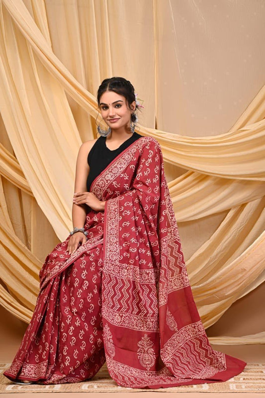 Printed Pure Cotton Mulmul Saree With Blouse