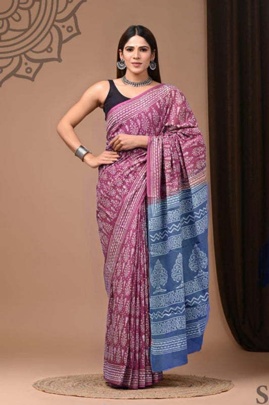 Printed Pure Cotton Mulmul Saree With Blouse