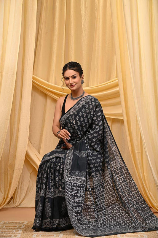Printed Pure Cotton Mulmul Saree With Blouse