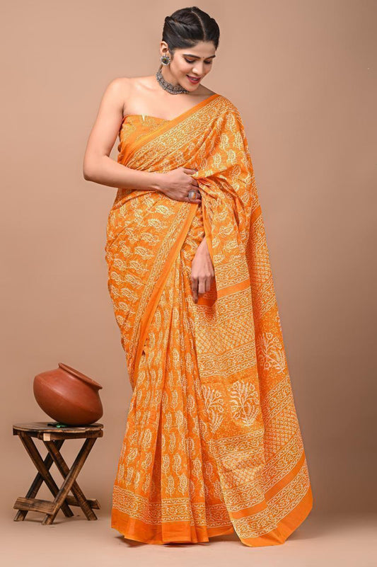 Printed Pure Cotton Mulmul Saree With Blouse