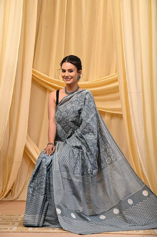 Printed Pure Cotton Mulmul Saree With Blouse