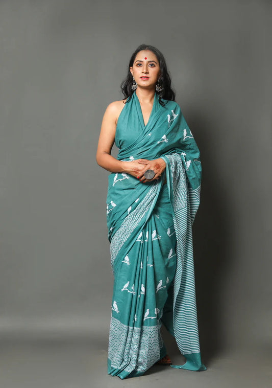 Printed Pure Cotton Mulmul Saree With Blouse
