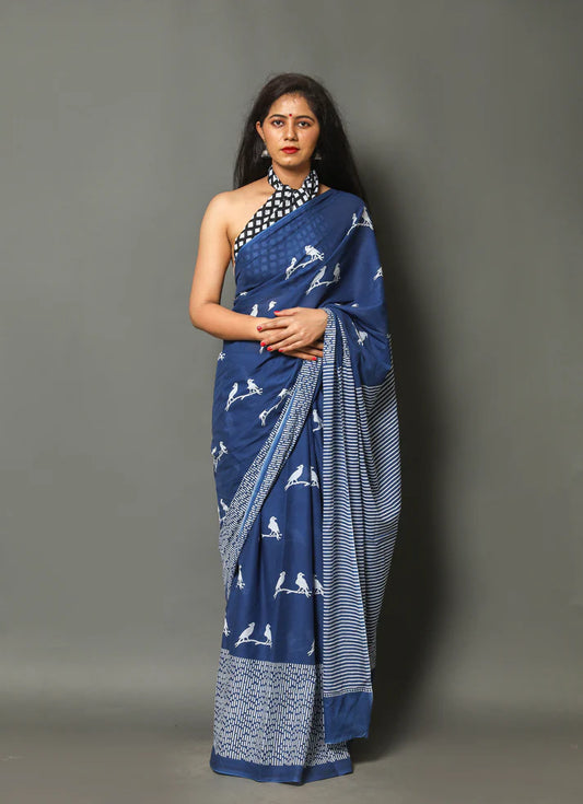 Printed Pure Cotton Mulmul Saree With Blouse