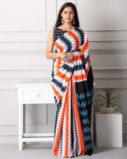 Printed Pure Cotton Mulmul Saree With Blouse