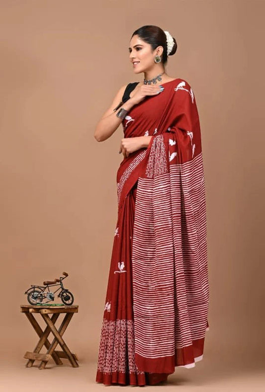 Printed Pure Cotton Mulmul Saree With Blouse